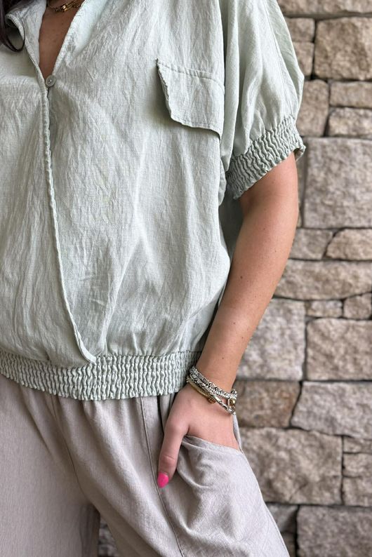 Basso Button Drape Cap Sleeve Shirt Soft Sage